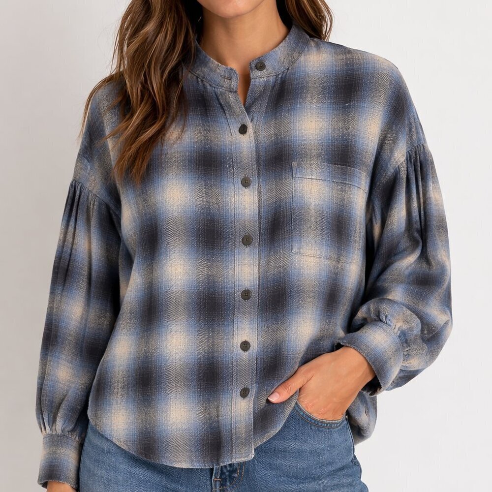 Rebecca Minkoff Blue Plaid Button Front Shirt Women's Size Small Mandarin Collar